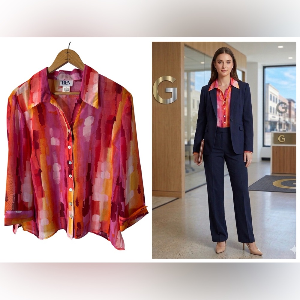 Abstract Watercolor Button Down Blouse by BFA Classics - Size L